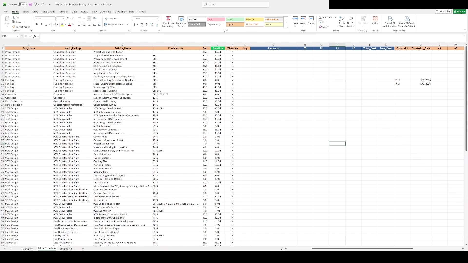 CPMCAD Excel schedule template with activity data